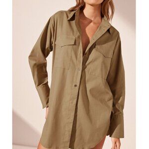 Zara Khaki Tan Brown Button Up Oversized Safari Shirt Dress SZ XS